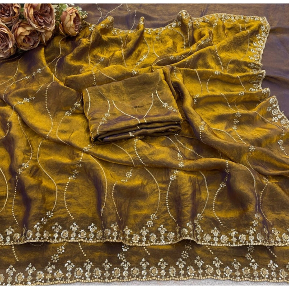 Women's Jimmy Choo Embellished Saree With Unstitched Blouse 5.5Mtr?(Mustard-Yellow)
