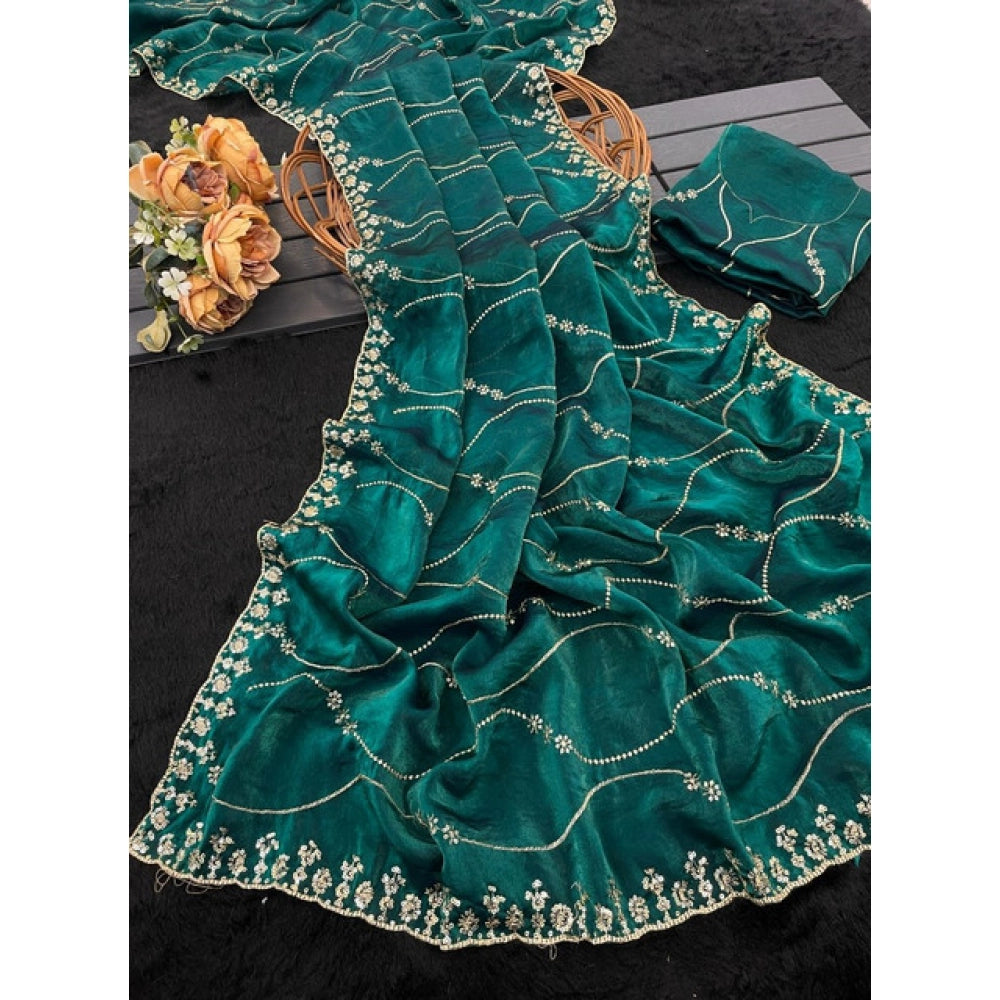 Women's Jimmy Choo Embellished Saree With Unstitched Blouse 5.5Mtr?(Bottle Green)