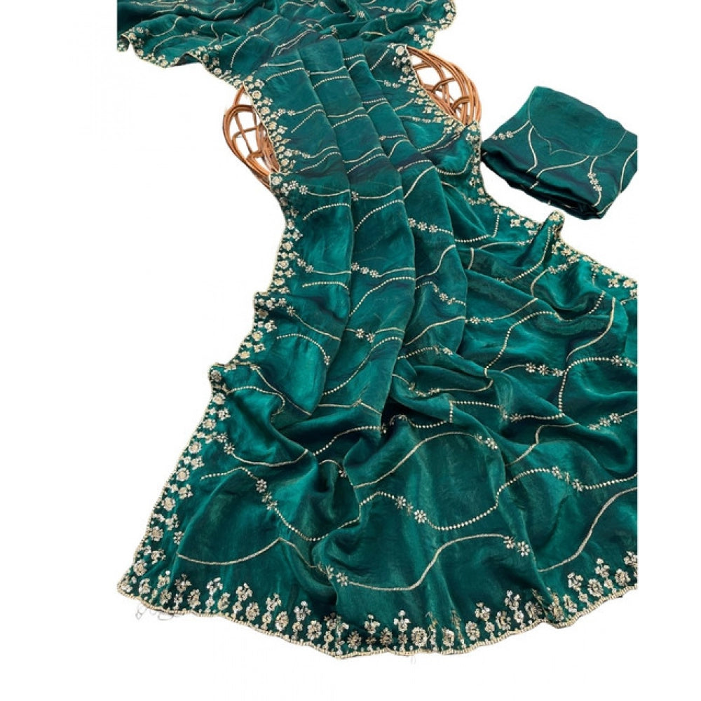 Women's Jimmy Choo Embellished Saree With Unstitched Blouse 5.5Mtr?(Bottle Green)