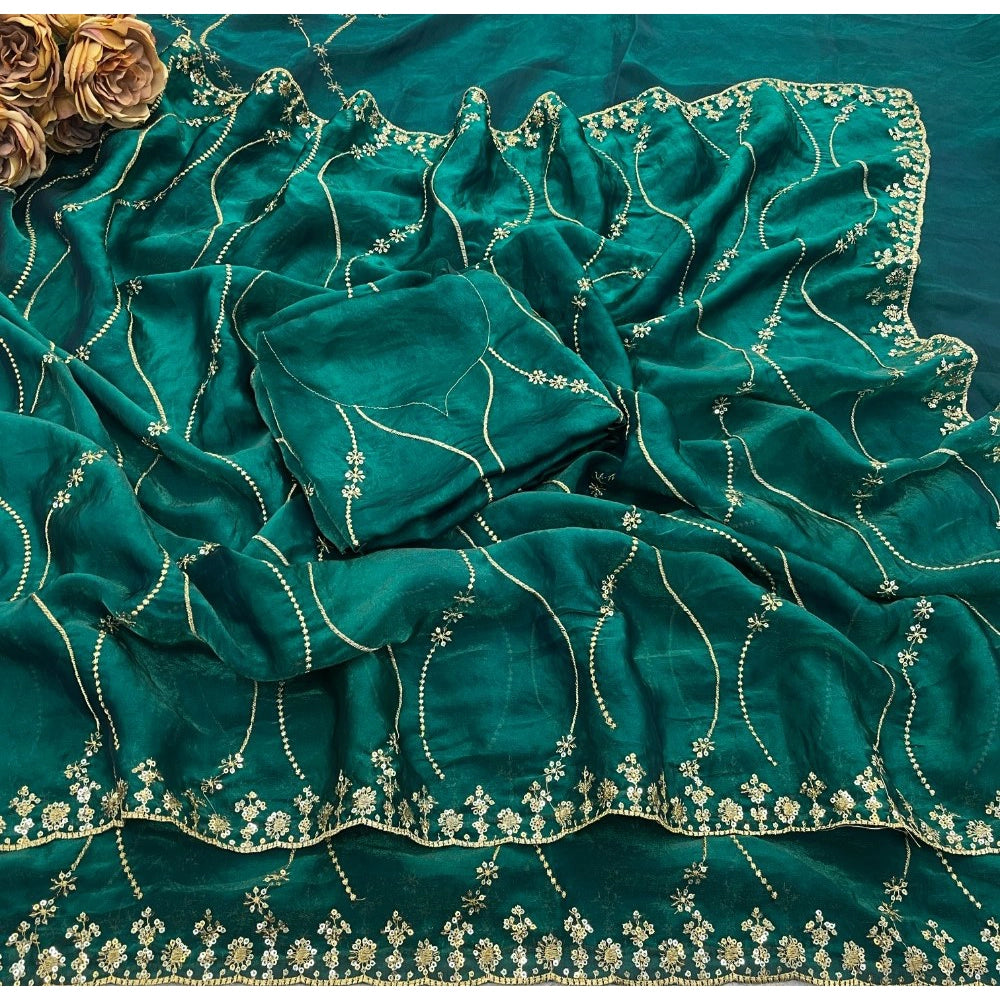 Women's Jimmy Choo Embellished Saree With Unstitched Blouse 5.5Mtr?(Bottle Green)