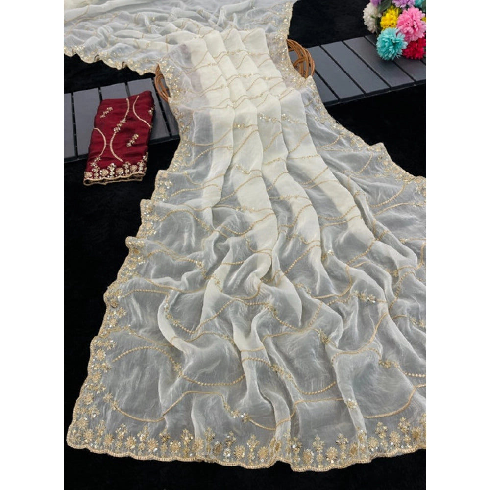 Women's Jimmy Choo Embellished Saree With Unstitched Blouse 5.5Mtr?(White)