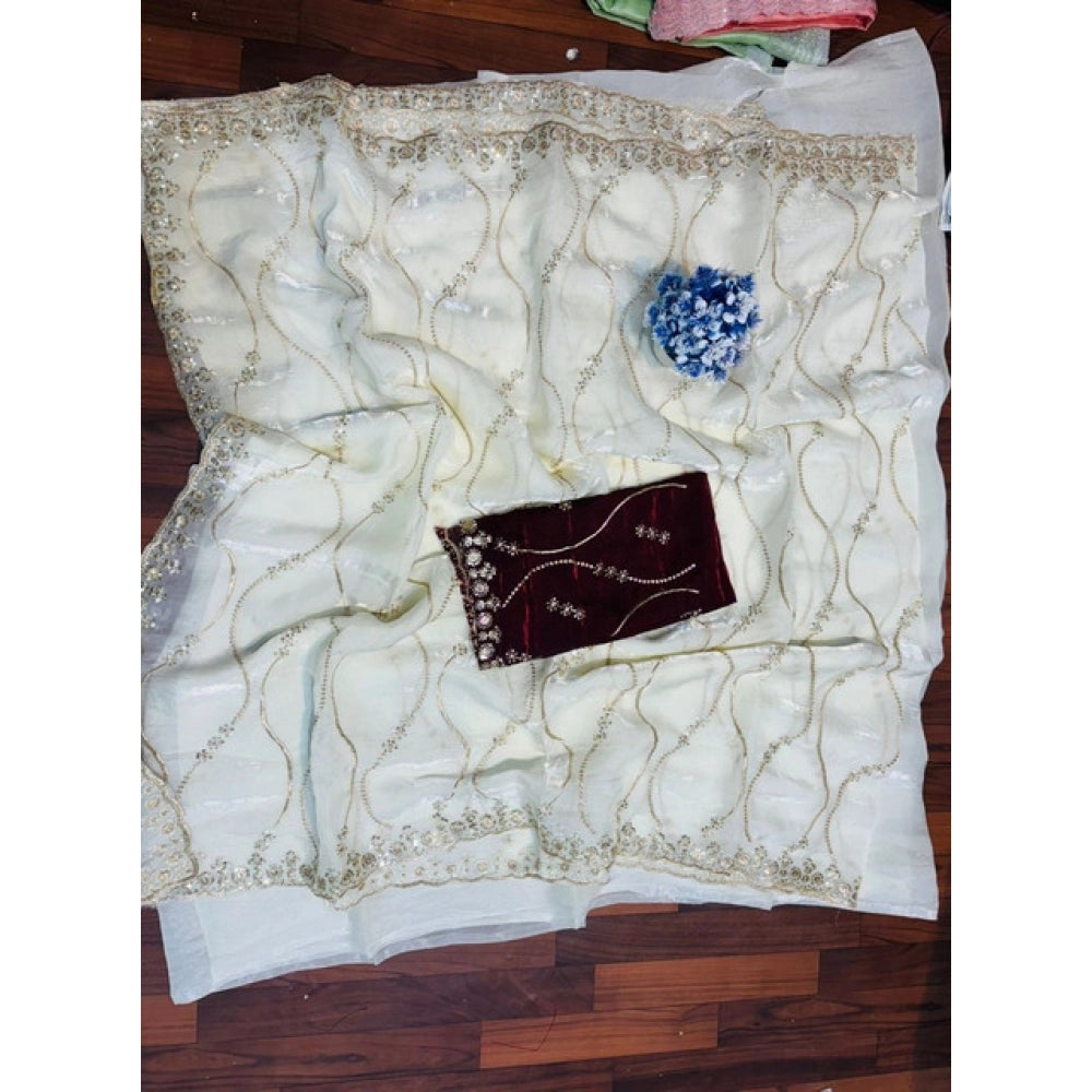Women's Jimmy Choo Embellished Saree With Unstitched Blouse 5.5Mtr?(White)