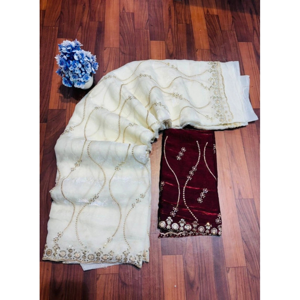 Women's Jimmy Choo Embellished Saree With Unstitched Blouse 5.5Mtr?(White)