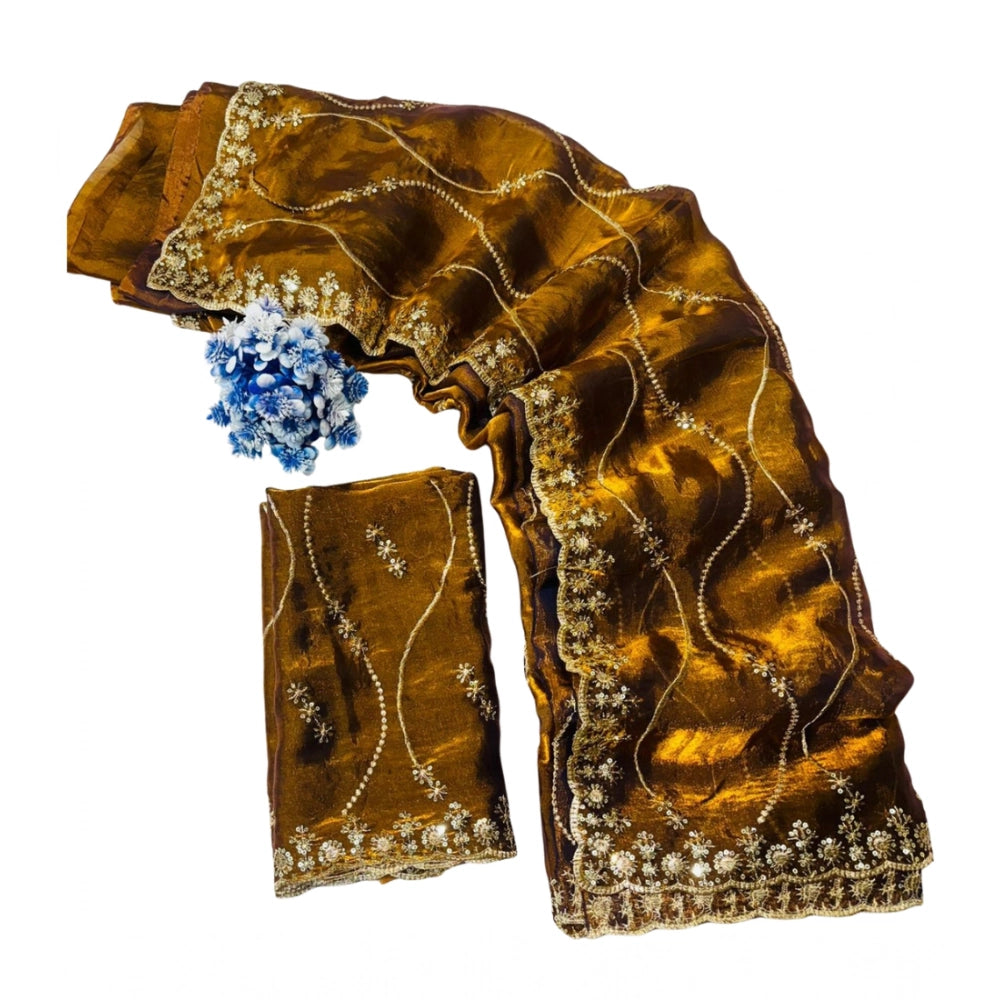 Women's Jimmy Choo Embellished Saree With Unstitched Blouse 5.5Mtr?(Yellow)