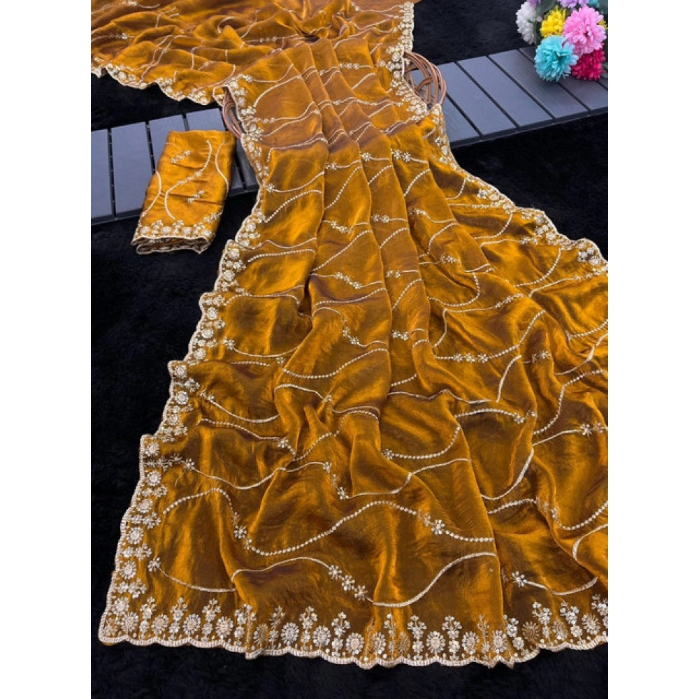 Women's Jimmy Choo Embellished Saree With Unstitched Blouse 5.5Mtr?(Yellow)
