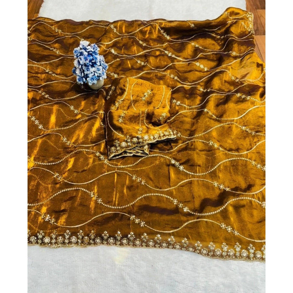 Women's Jimmy Choo Embellished Saree With Unstitched Blouse 5.5Mtr?(Yellow)