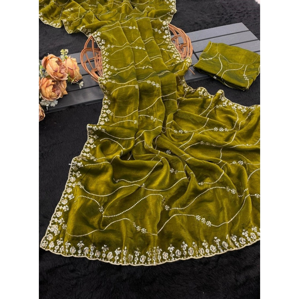 Women's Jimmy Choo Embellished Saree With Unstitched Blouse 5.5Mtr?(Green)