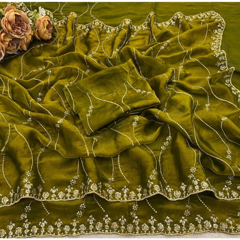 Women's Jimmy Choo Embellished Saree With Unstitched Blouse 5.5Mtr?(Green)