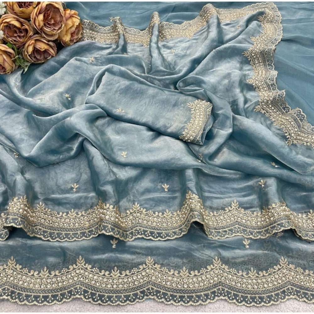 Women's Satin Embellished Saree With Unstitched Blouse 5.5Mtr?(Blue)
