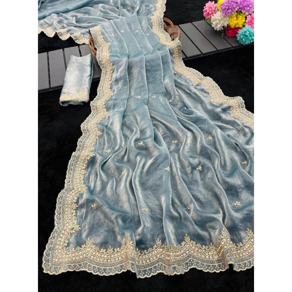 Women's Satin Embellished Saree With Unstitched Blouse 5.5Mtr?(Blue)