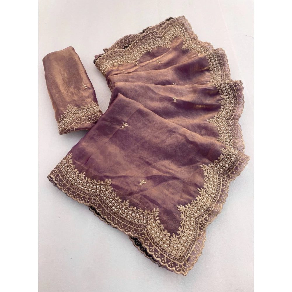 Women's Satin Embellished Saree With Unstitched Blouse 5.5Mtr?(Lavender)