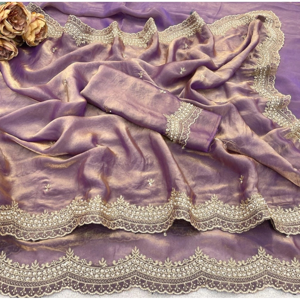 Women's Satin Embellished Saree With Unstitched Blouse 5.5Mtr?(Lavender)