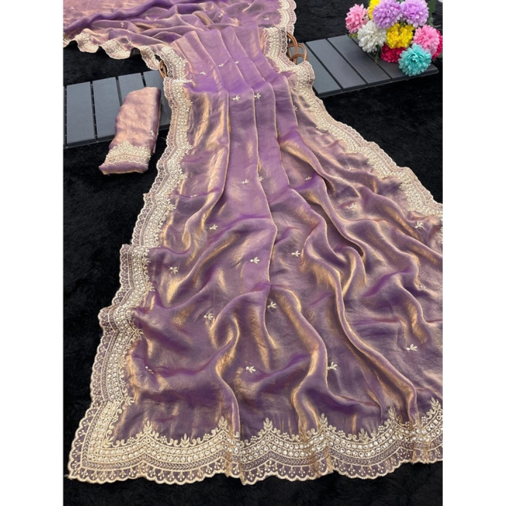 Women's Satin Embellished Saree With Unstitched Blouse 5.5Mtr?(Lavender)