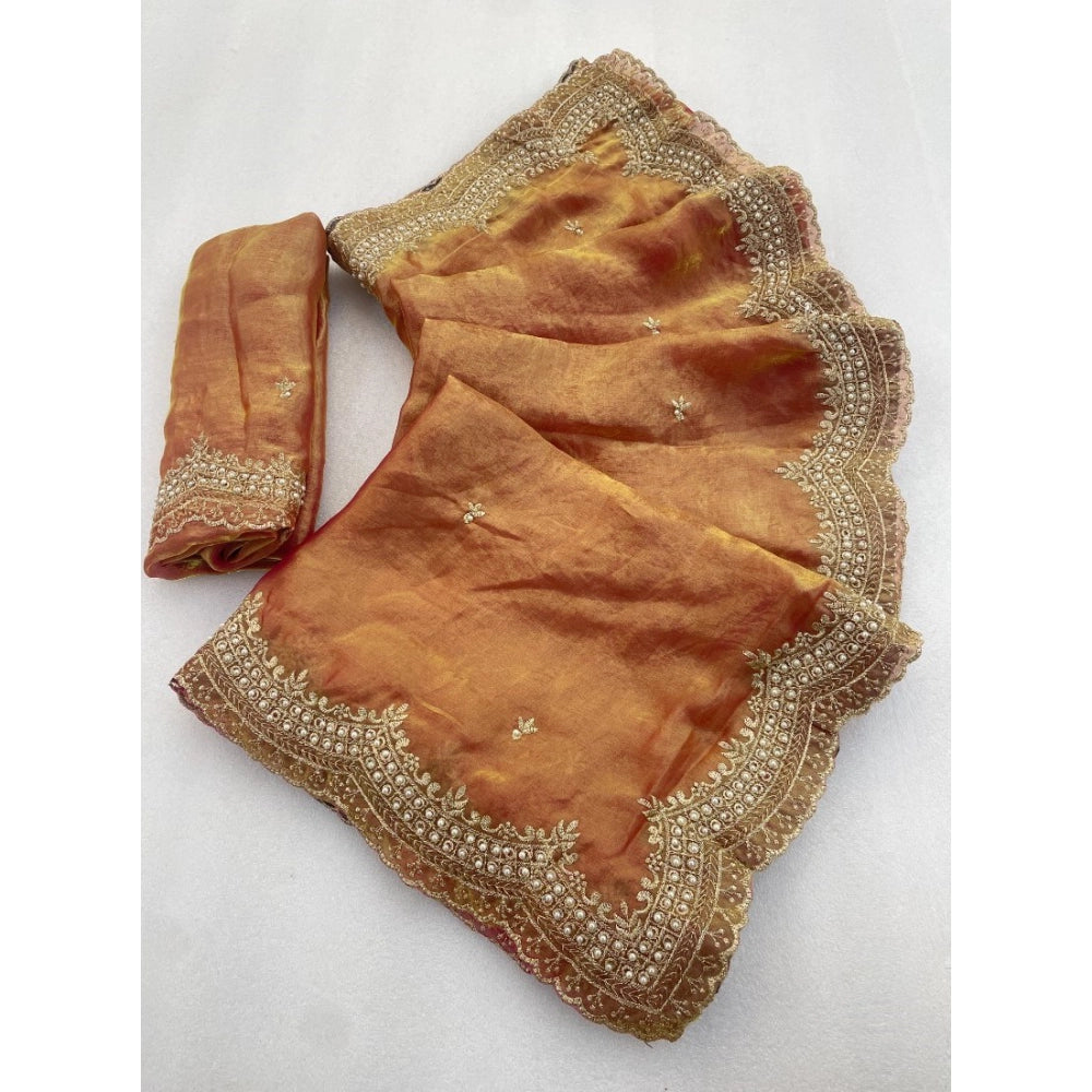 Women's Satin Embellished Saree With Unstitched Blouse 5.5Mtr?(Orange)