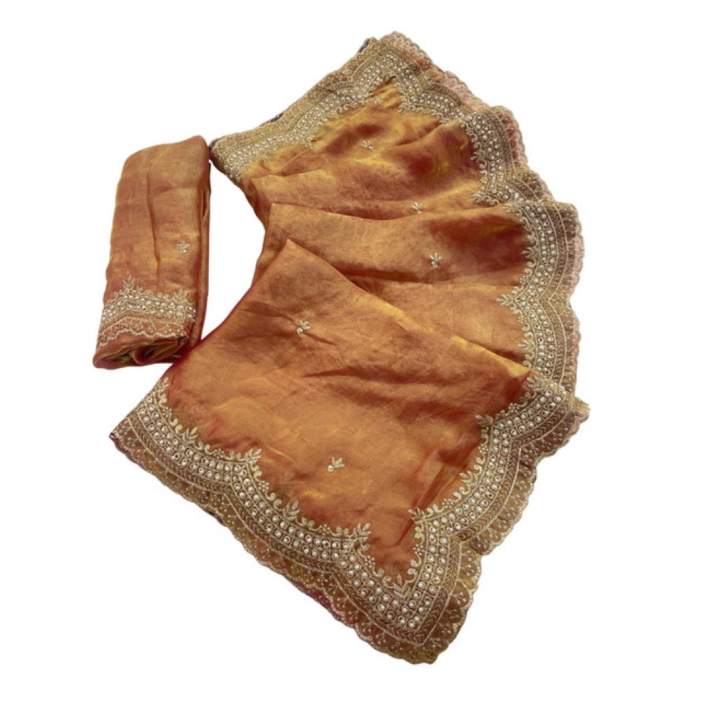 Women's Satin Embellished Saree With Unstitched Blouse 5.5Mtr?(Orange)