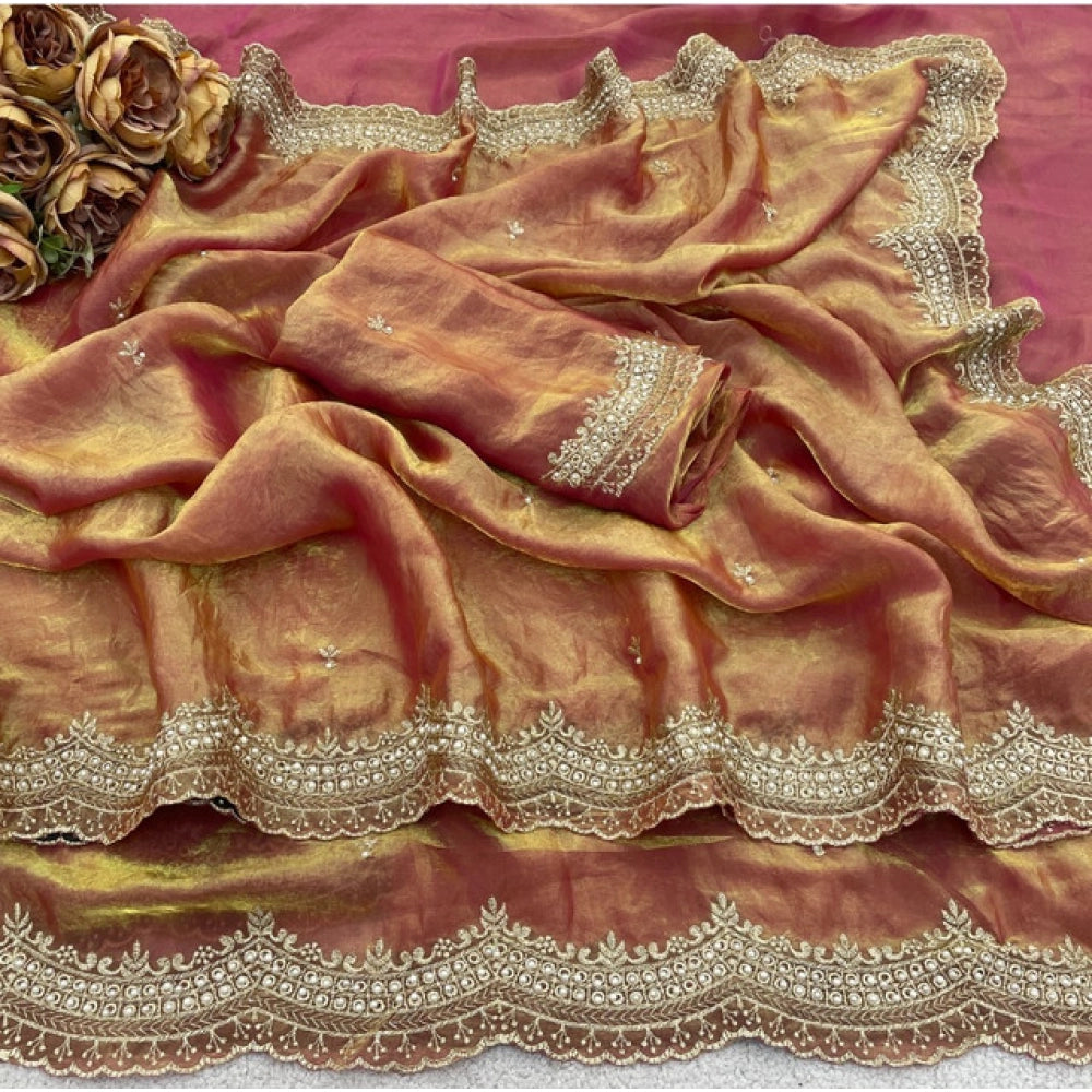 Women's Satin Embellished Saree With Unstitched Blouse 5.5Mtr?(Orange)