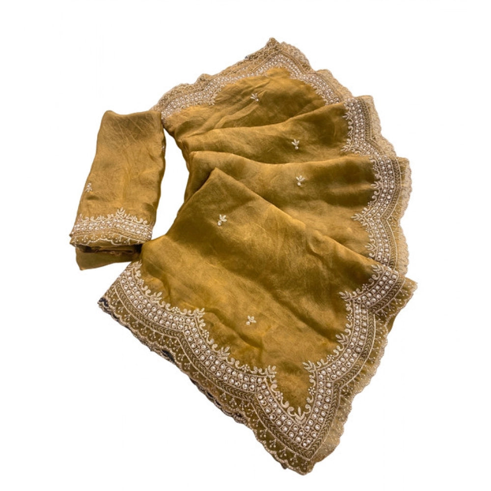 Women's Satin Embellished Saree With Unstitched Blouse 5.5Mtr?(Olive-Green)