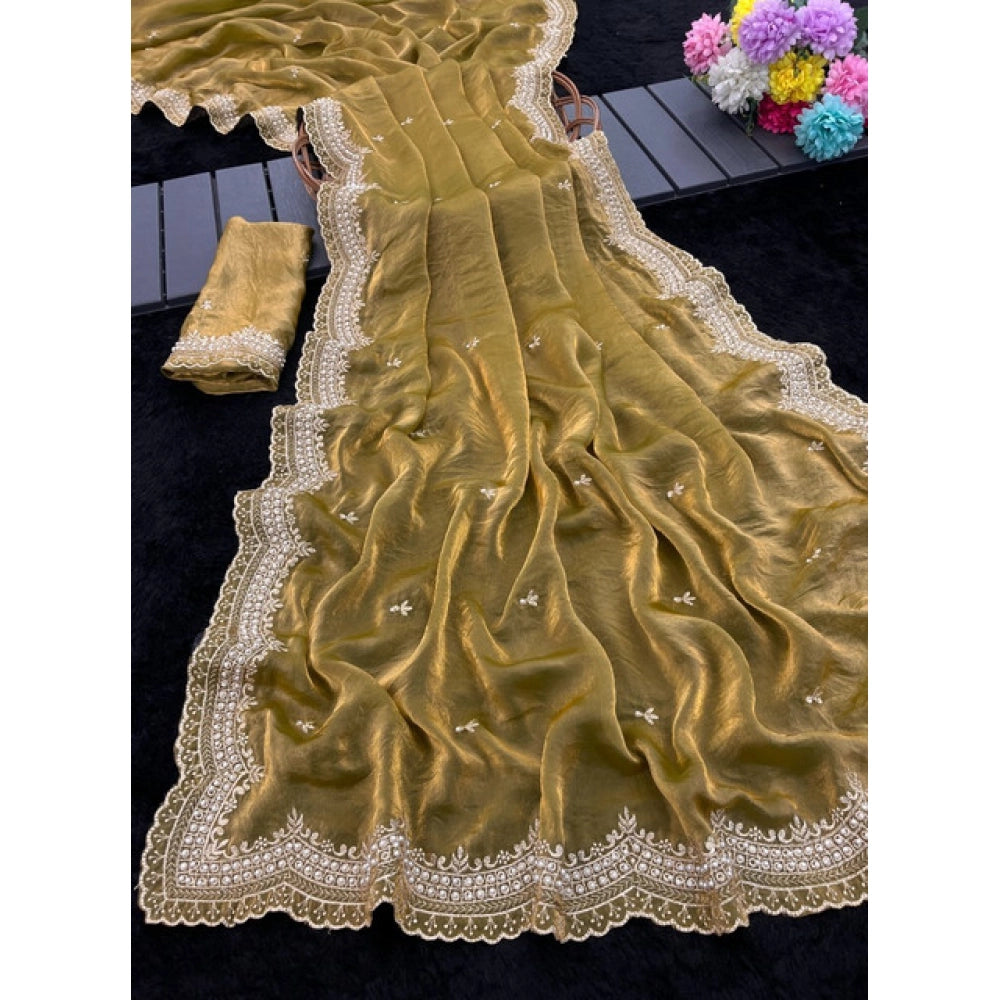 Women's Satin Embellished Saree With Unstitched Blouse 5.5Mtr?(Olive-Green)