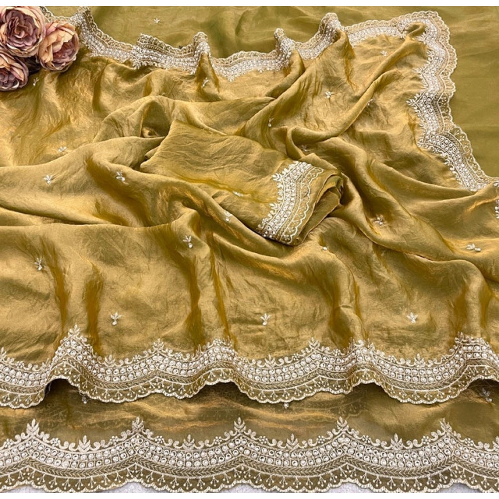 Women's Satin Embellished Saree With Unstitched Blouse 5.5Mtr?(Olive-Green)