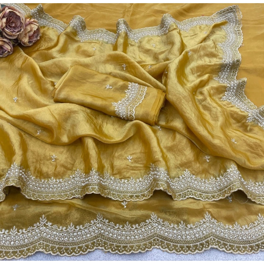 Women's Satin Embellished Saree With Unstitched Blouse 5.5Mtr?(Mustard-Yellow)