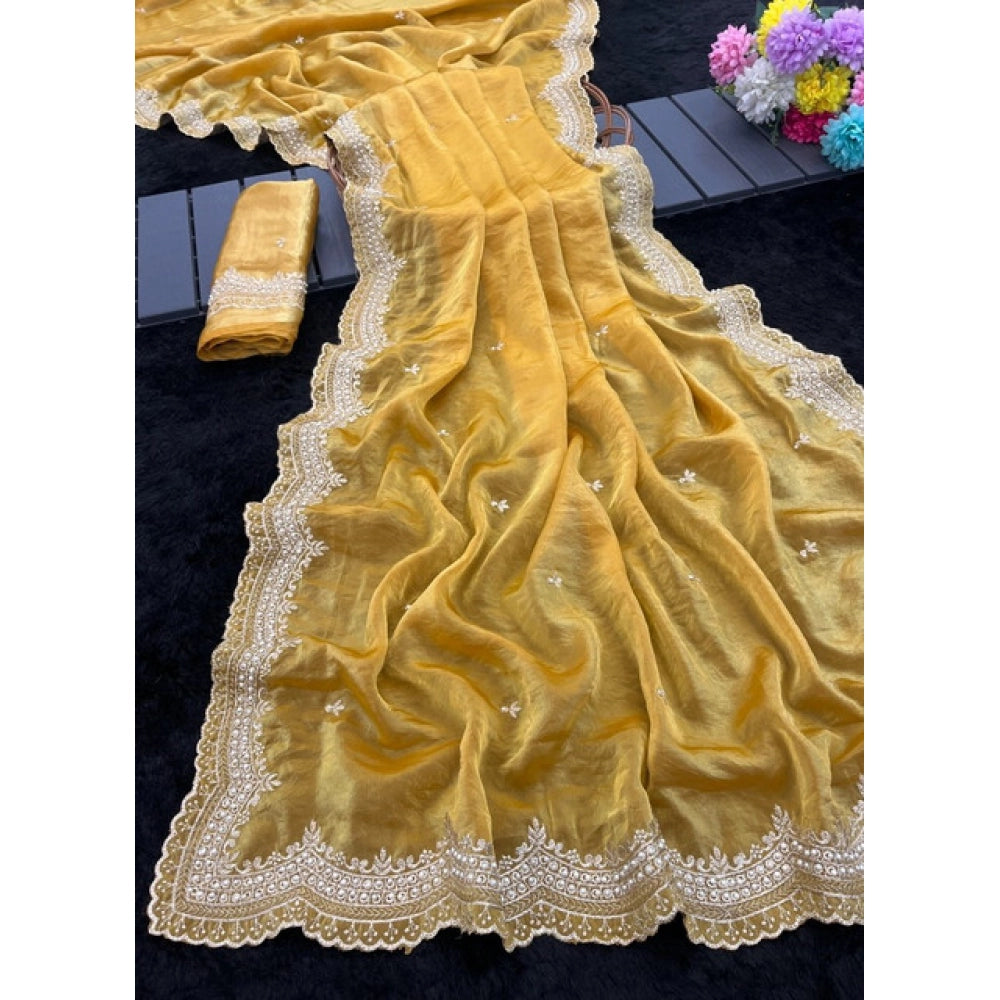 Women's Satin Embellished Saree With Unstitched Blouse 5.5Mtr?(Mustard-Yellow)