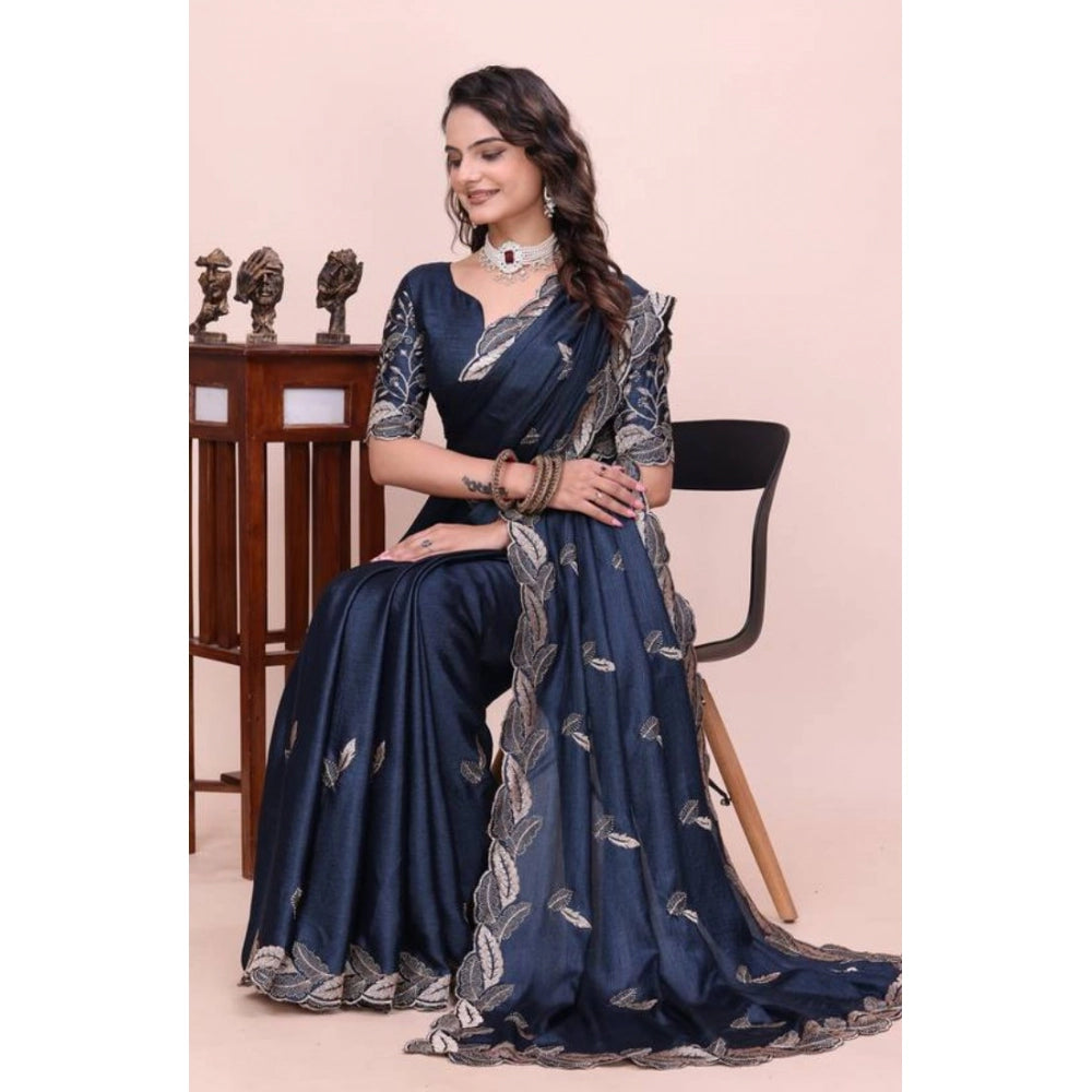 Women's Georgette Embroidered Saree With Unstitched Blouse 5.5Mtr?(Navy Blue)