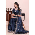 Women's Georgette Embroidered Saree With Unstitched Blouse 5.5Mtr?(Navy Blue)