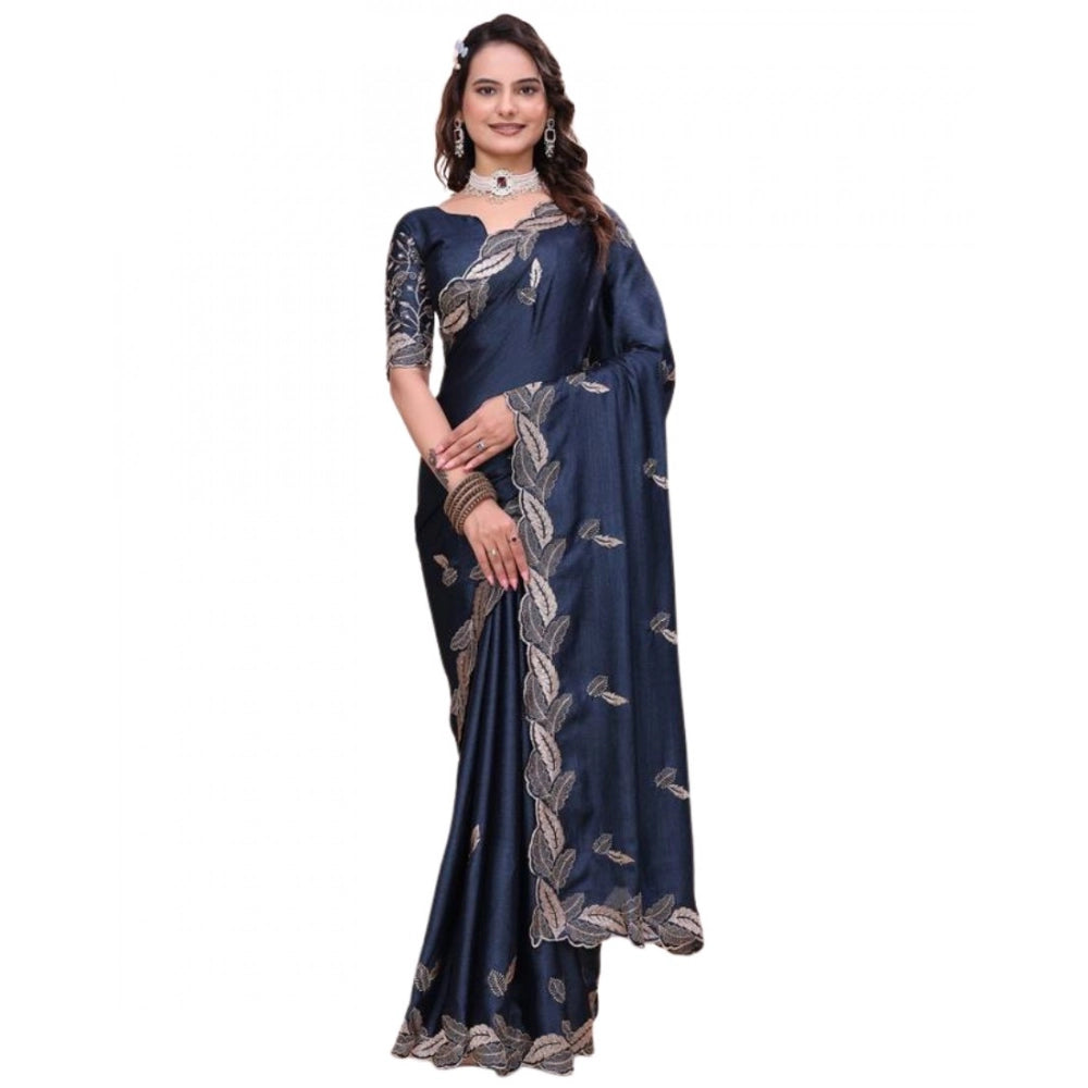 Women's Georgette Embroidered Saree With Unstitched Blouse 5.5Mtr?(Navy Blue)
