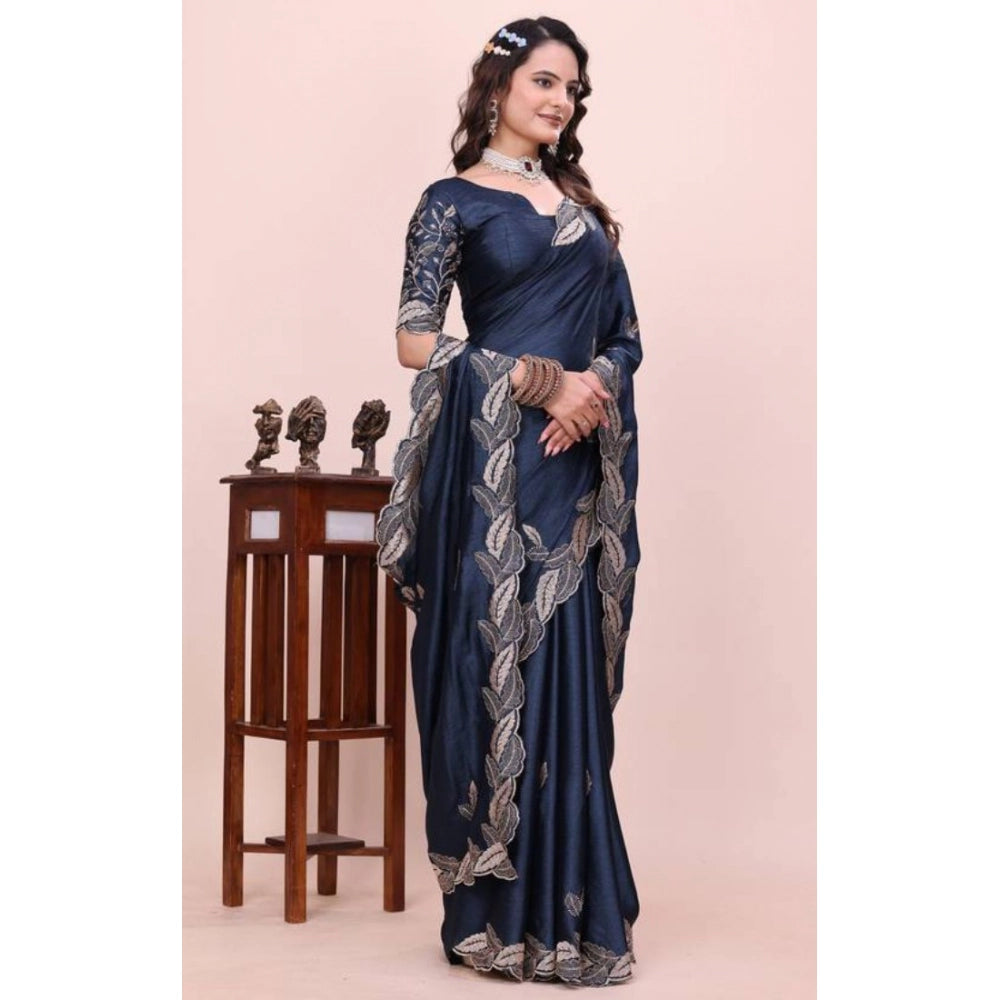 Women's Georgette Embroidered Saree With Unstitched Blouse 5.5Mtr?(Navy Blue)