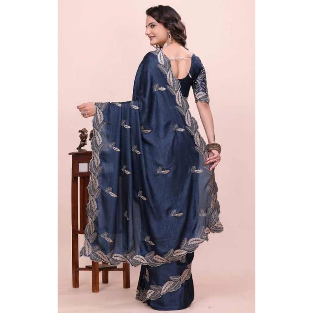 Women's Georgette Embroidered Saree With Unstitched Blouse 5.5Mtr?(Navy Blue)