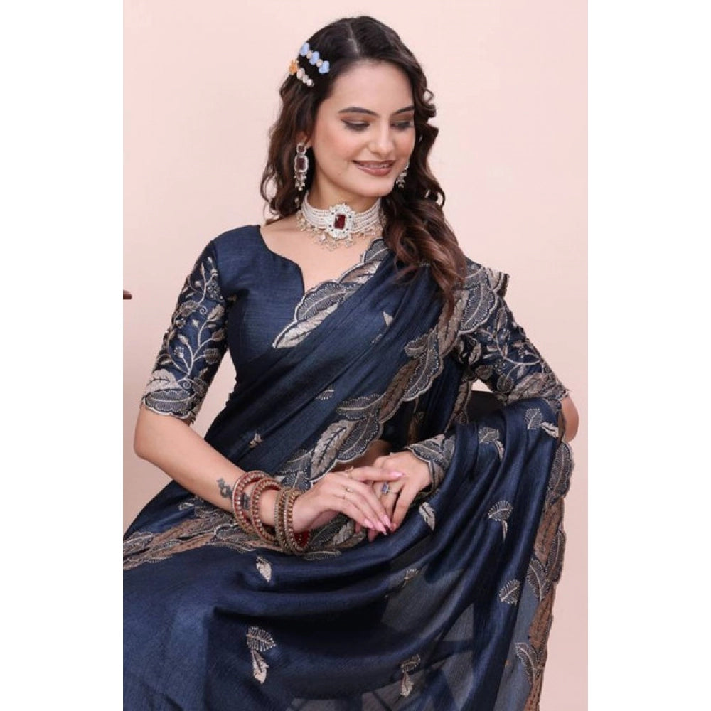 Women's Georgette Embroidered Saree With Unstitched Blouse 5.5Mtr?(Navy Blue)