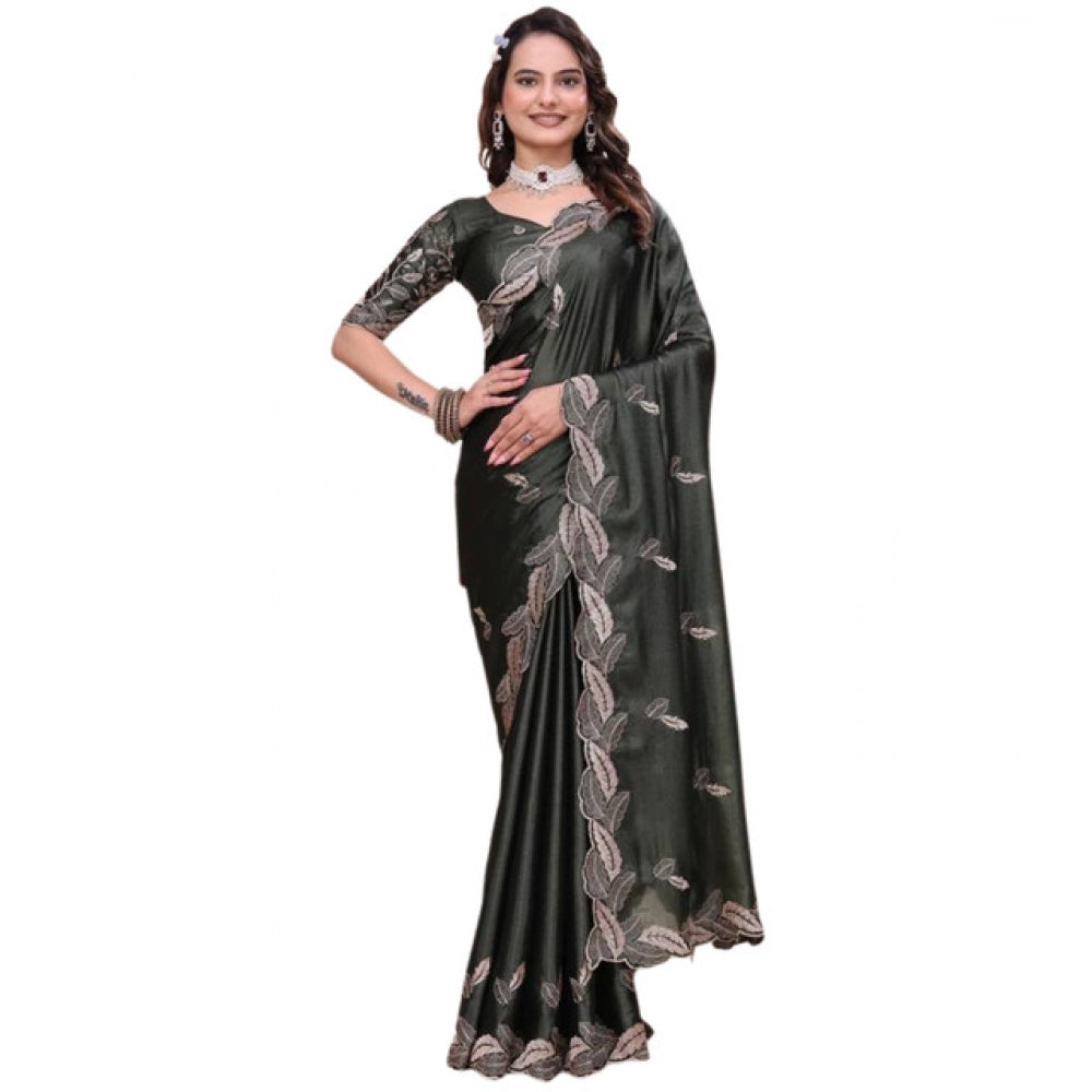 Women's Georgette Embroidered Saree With Unstitched Blouse 5.5Mtr?(Charcoal Green)