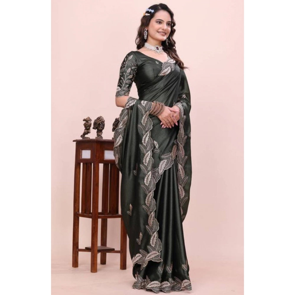 Women's Georgette Embroidered Saree With Unstitched Blouse 5.5Mtr?(Charcoal Green)