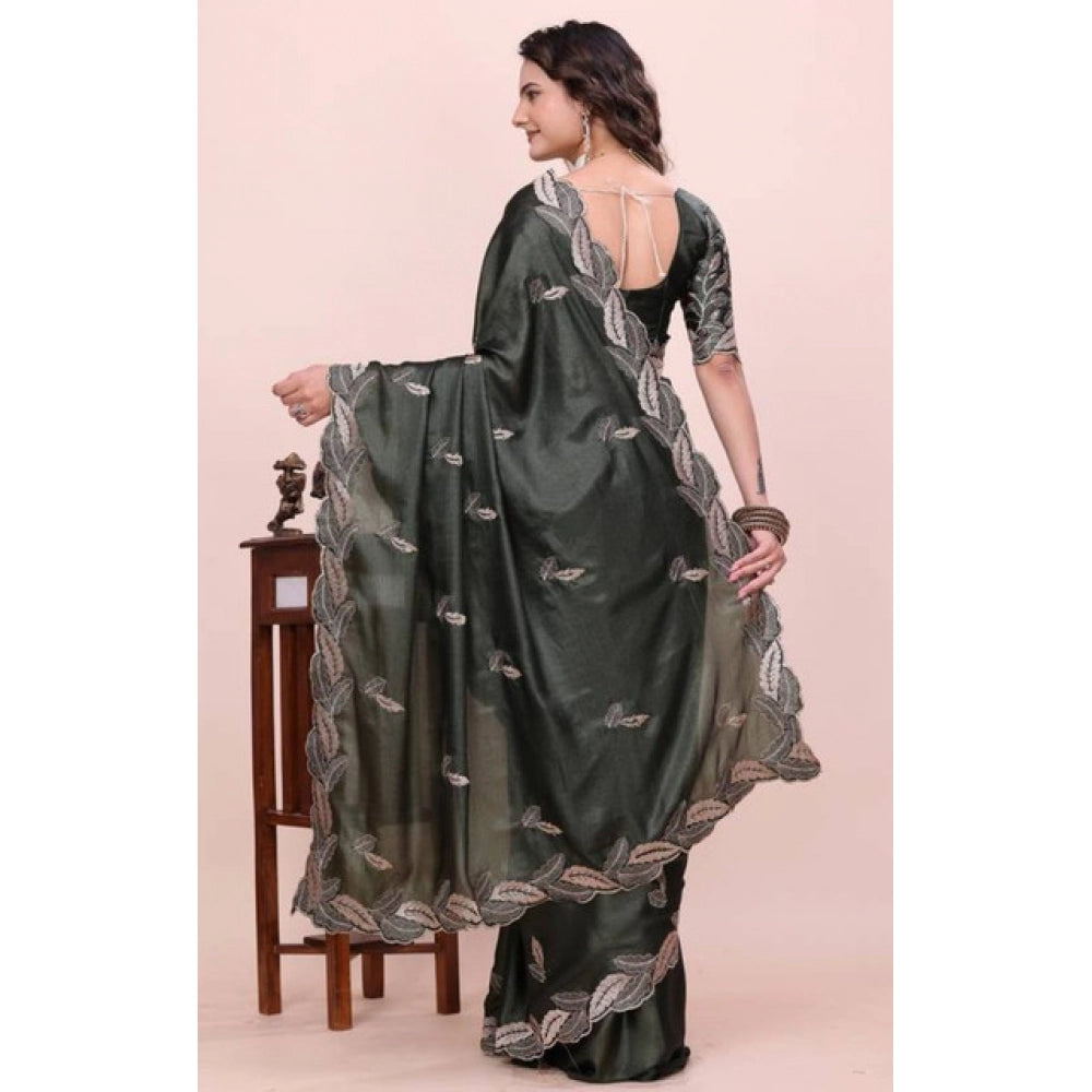 Women's Georgette Embroidered Saree With Unstitched Blouse 5.5Mtr?(Charcoal Green)
