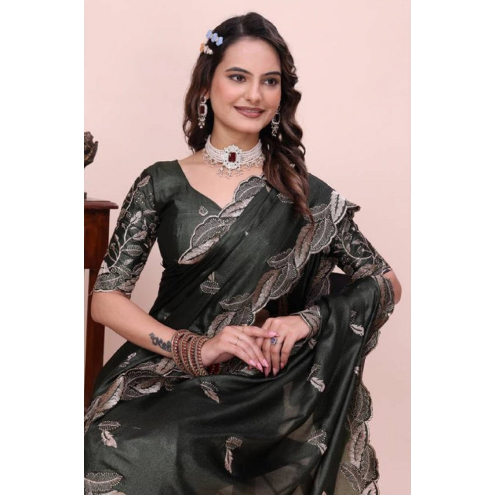 Women's Georgette Embroidered Saree With Unstitched Blouse 5.5Mtr?(Charcoal Green)