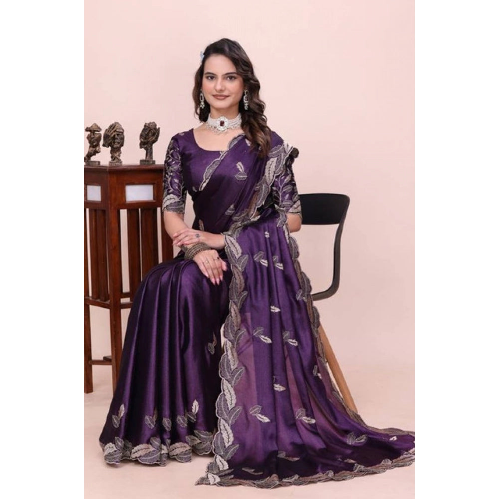 Women's Georgette Embroidered Saree With Unstitched Blouse 5.5Mtr?(Purple)