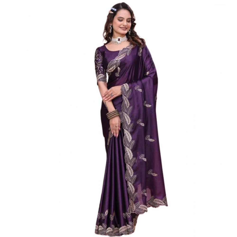Women's Georgette Embroidered Saree With Unstitched Blouse 5.5Mtr?(Purple)