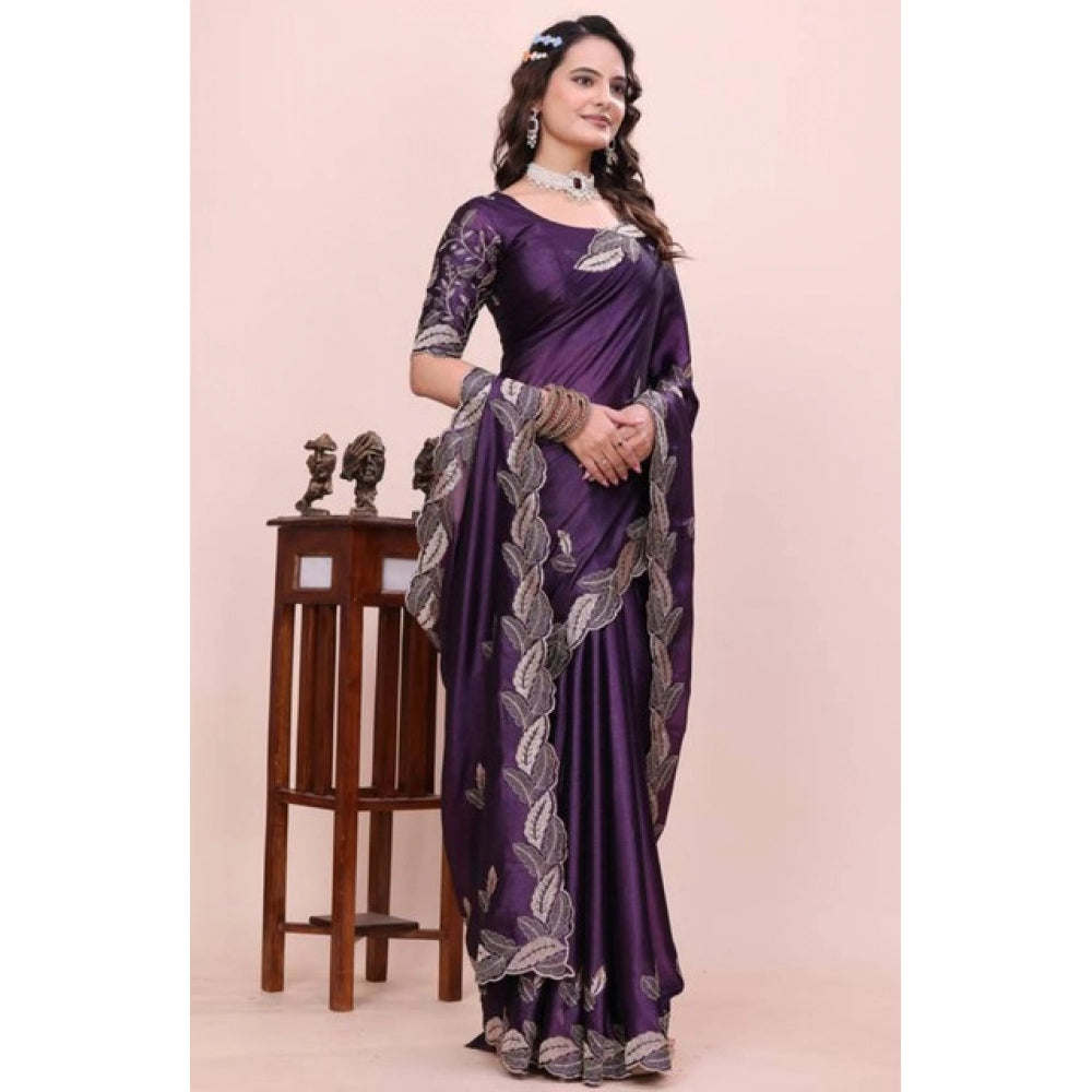 Women's Georgette Embroidered Saree With Unstitched Blouse 5.5Mtr?(Purple)