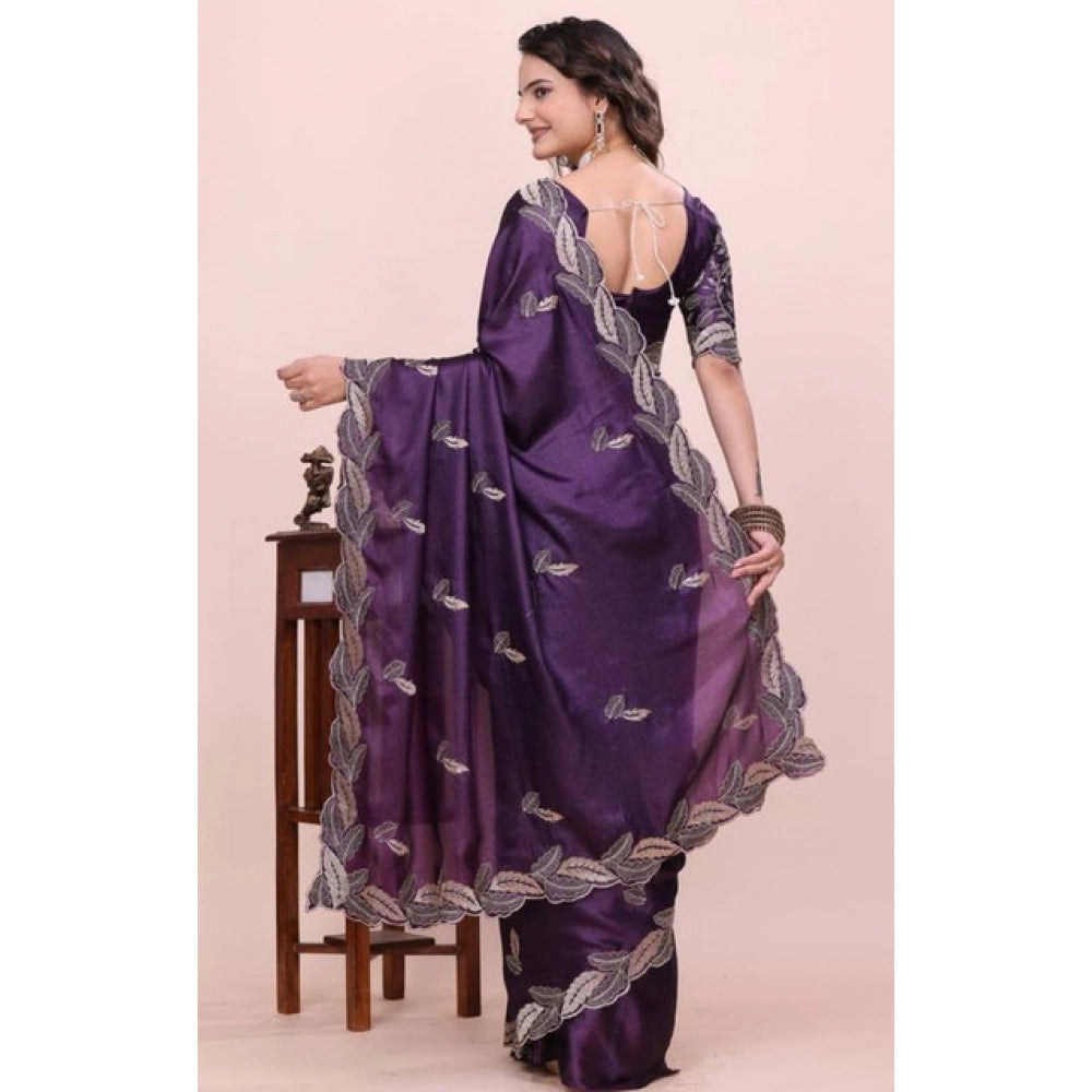 Women's Georgette Embroidered Saree With Unstitched Blouse 5.5Mtr?(Purple)