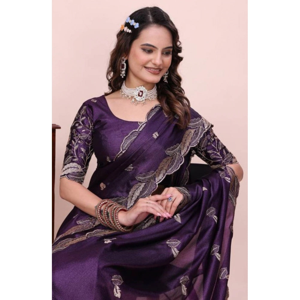 Women's Georgette Embroidered Saree With Unstitched Blouse 5.5Mtr?(Purple)