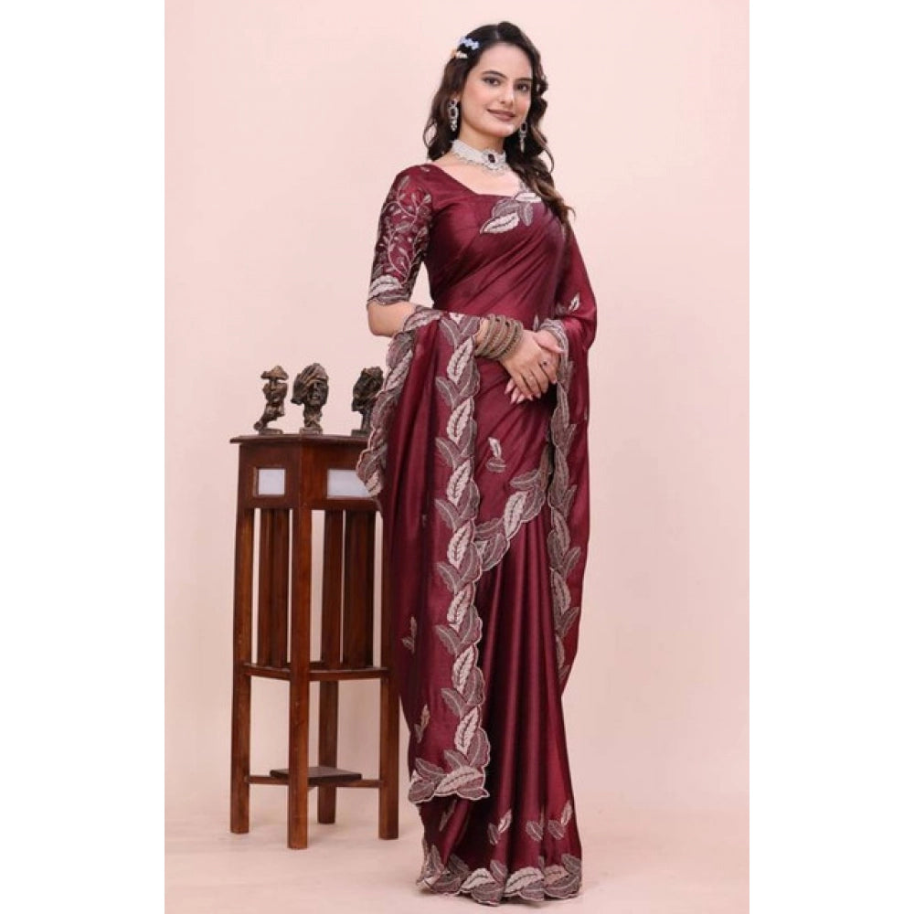 Women's Georgette Embroidered Saree With Unstitched Blouse 5.5Mtr?(Maroon)