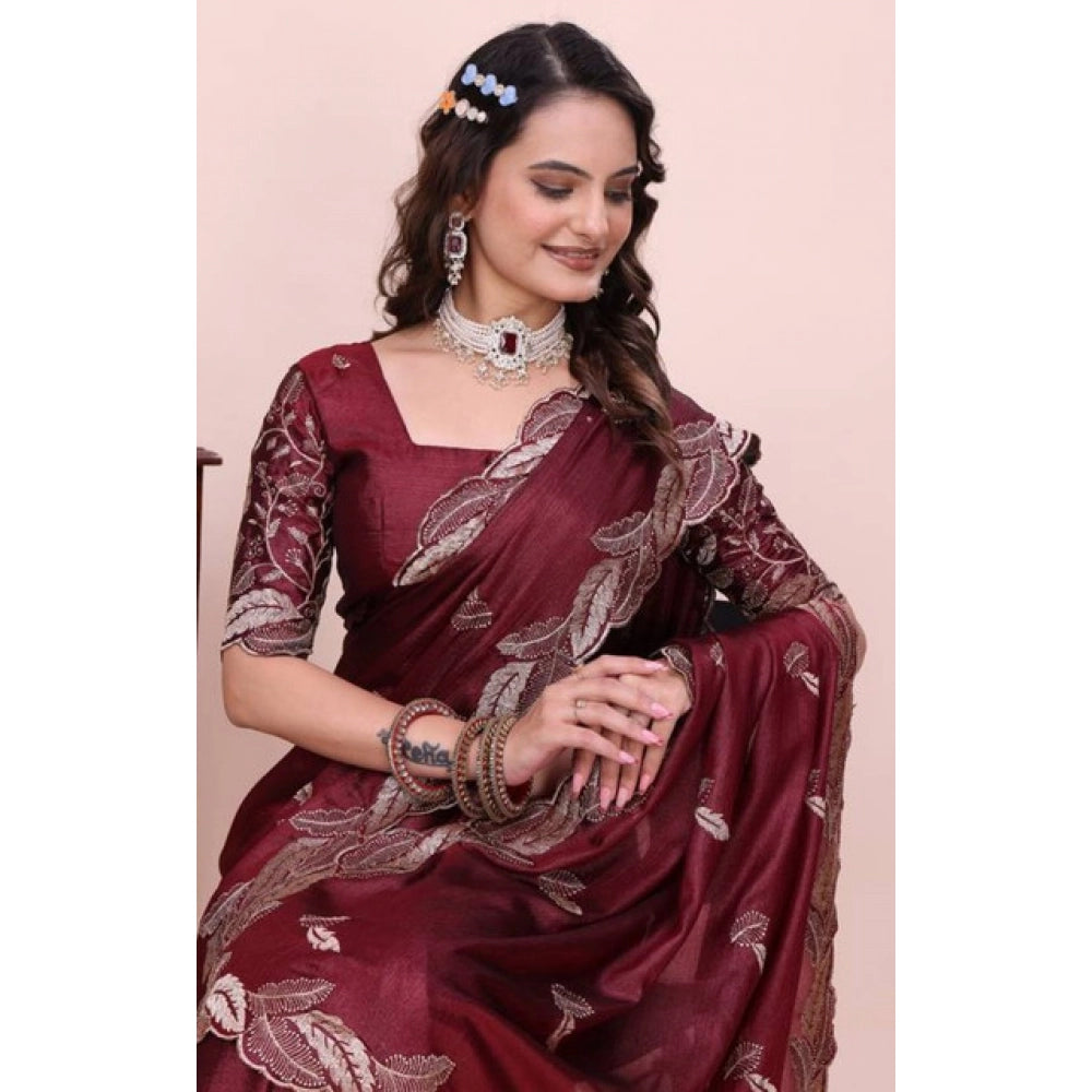 Women's Georgette Embroidered Saree With Unstitched Blouse 5.5Mtr?(Maroon)