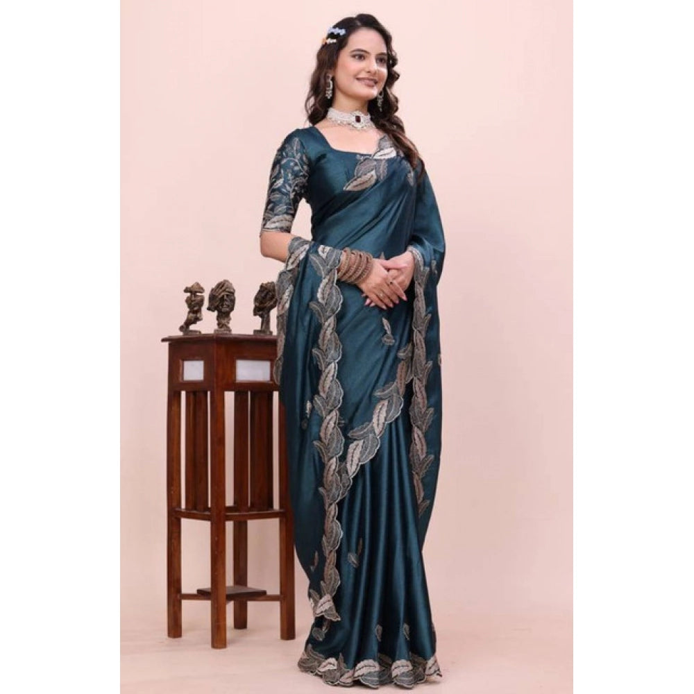 Women's Georgette Embroidered Saree With Unstitched Blouse 5.5Mtr?(Teal)