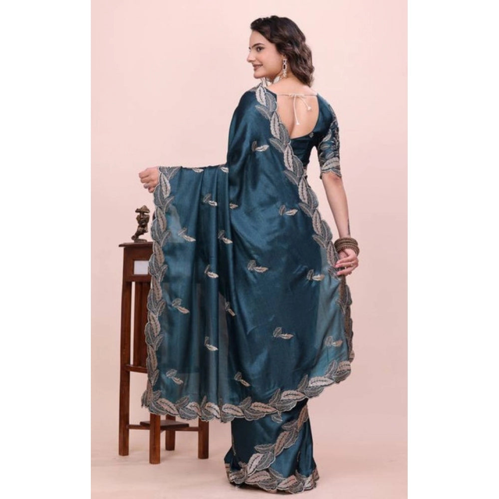 Women's Georgette Embroidered Saree With Unstitched Blouse 5.5Mtr?(Teal)