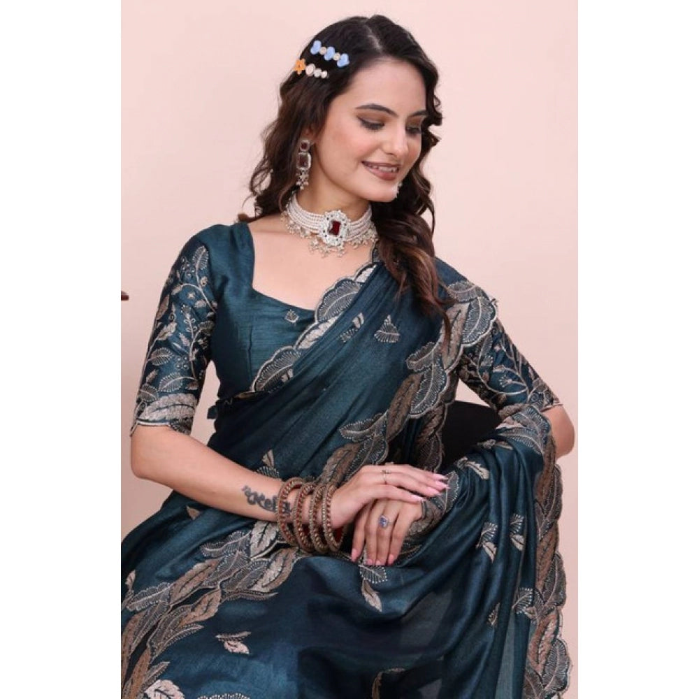 Women's Georgette Embroidered Saree With Unstitched Blouse 5.5Mtr?(Teal)