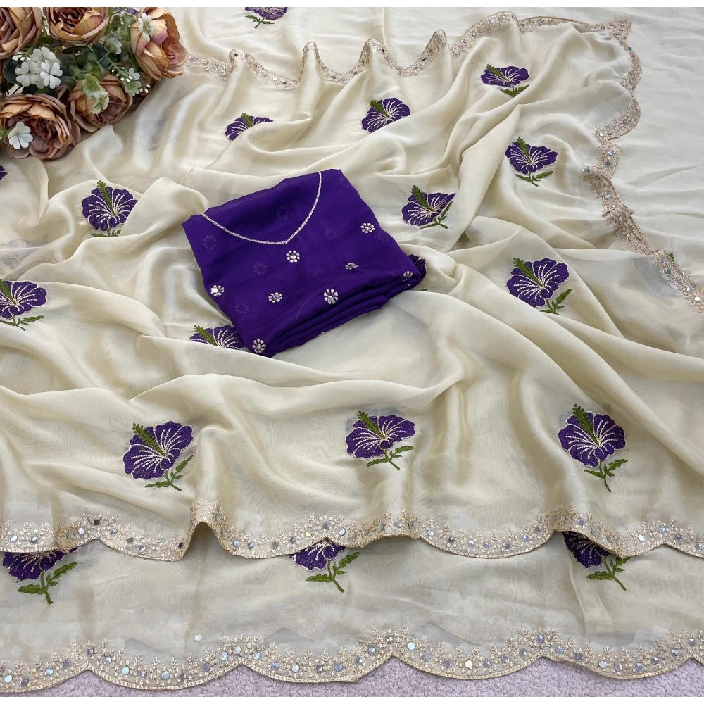 Women's Georgette Embellished Saree With Unstitched Blouse 5.5Mtr?(Off-White)