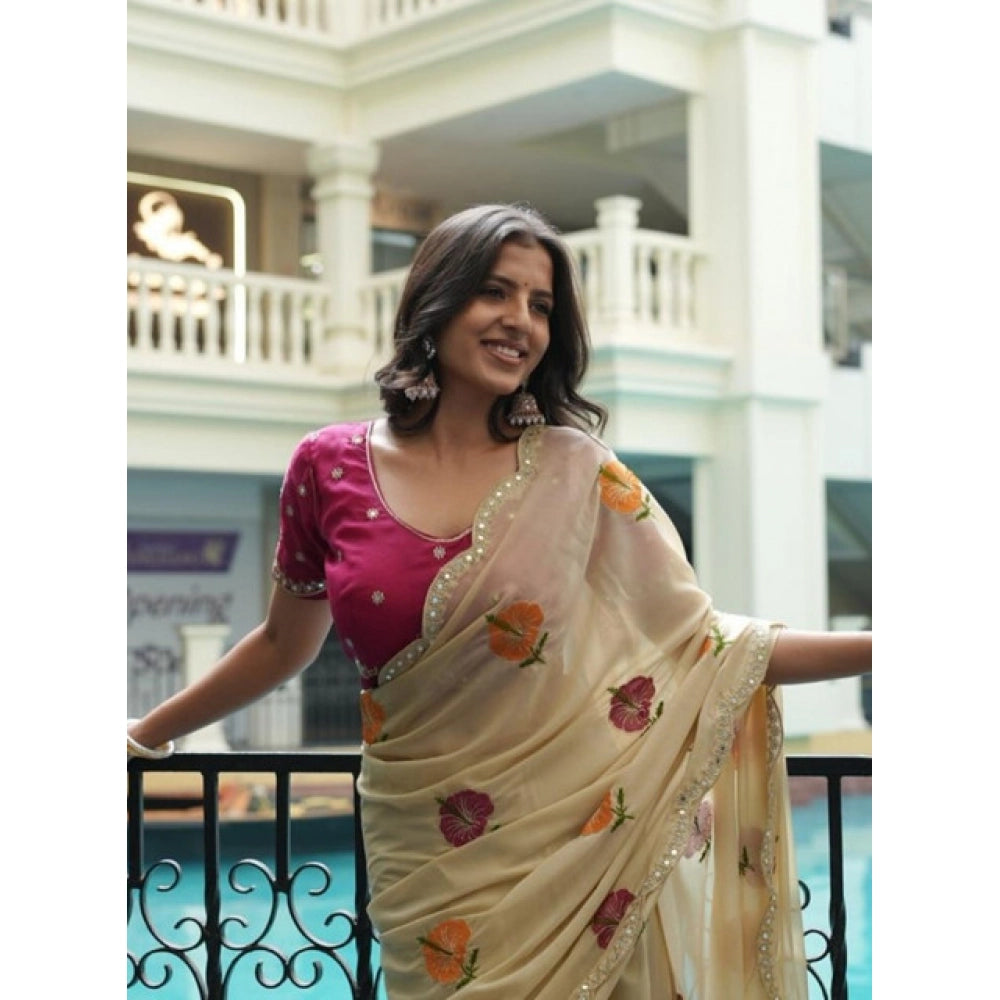 Women's Georgette Embellished Saree With Unstitched Blouse 5.5Mtr?(Cream-Pink)