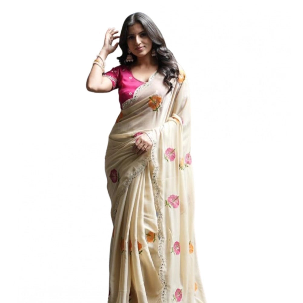 Women's Georgette Embellished Saree With Unstitched Blouse 5.5Mtr?(Cream-Pink)