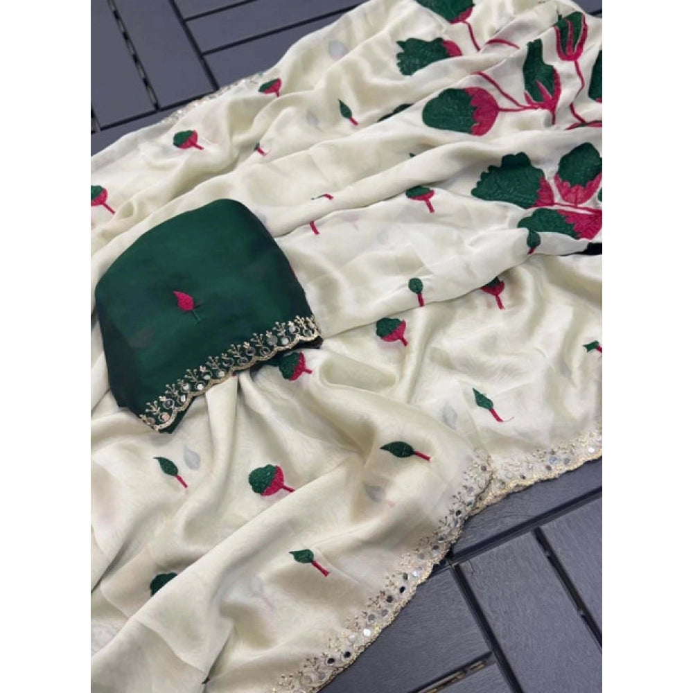 Women's Georgette Embellished Saree With Unstitched Blouse 5.5Mtr?(Cream-Green)