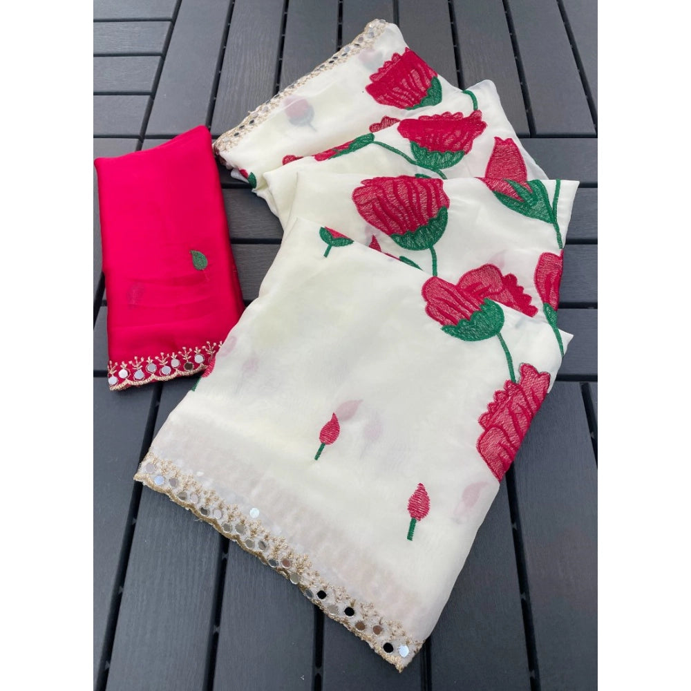 Women's Georgette Embellished Saree With Unstitched Blouse 5.5Mtr?(Cream-Red)